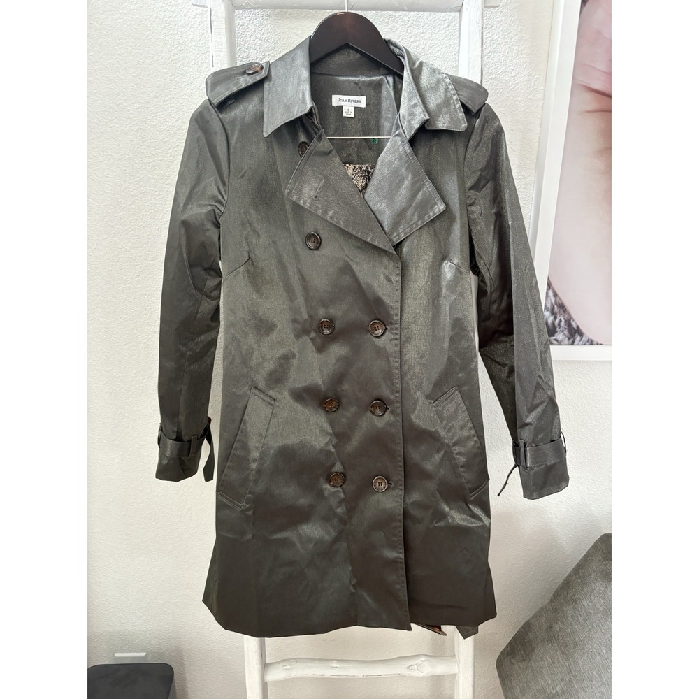 Joan Rivers Small Double Breasted Belted Trench Jacket Rain Coat Pkts Satin Grey